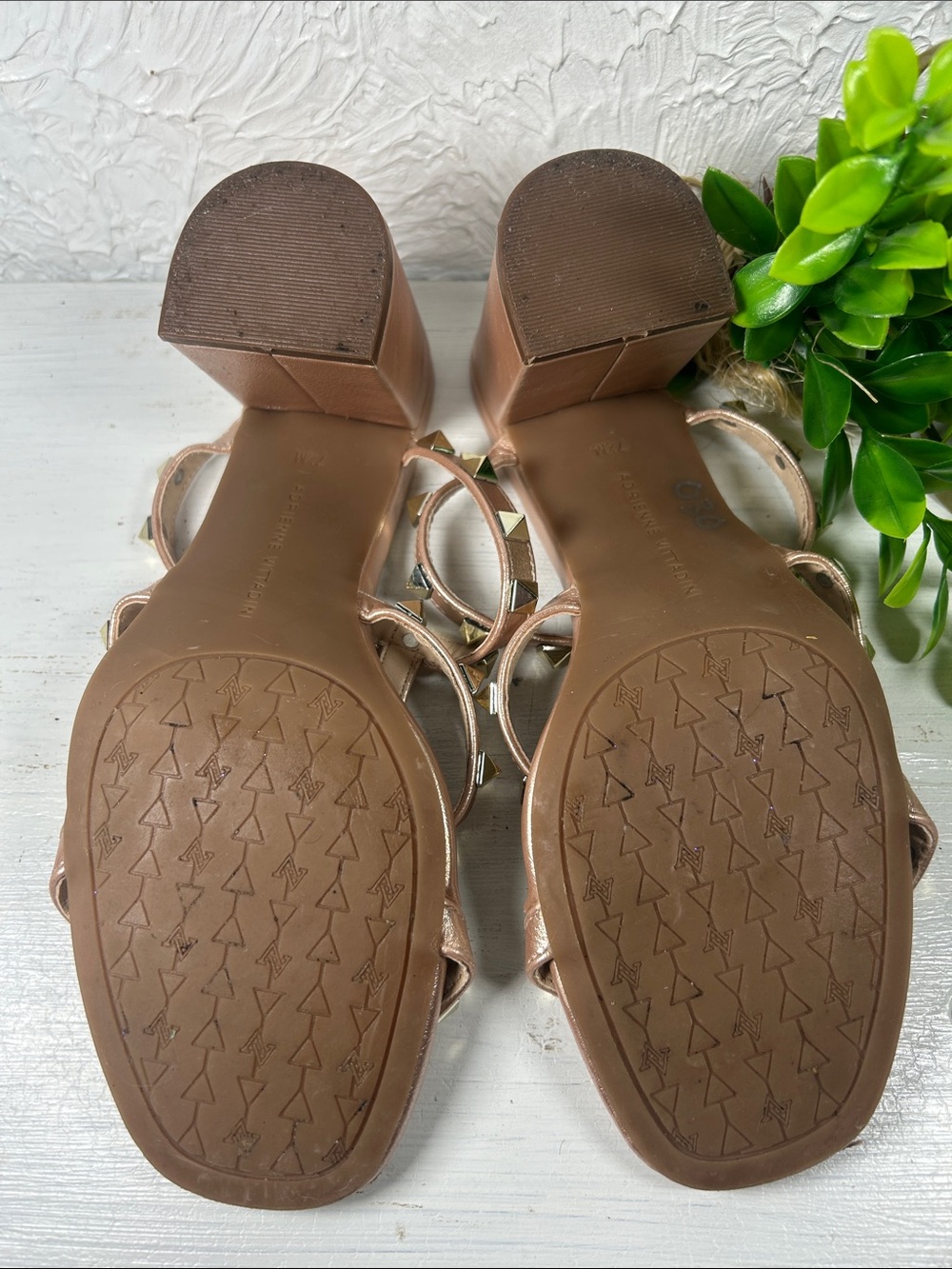 Adrienne Vittadini Metallic Rose Gold Studded Strappy Slide In Block Heel Sandal - Picture 6 of 12